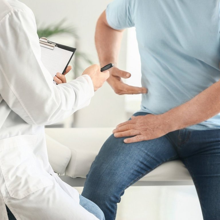 Arzt untersucht einen Patienten mit Rückenschmerzen, der auf der Liege sitzt und auf seine Seite zeigt.