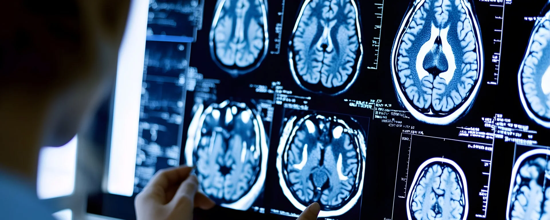 Medizinisches Fachpersonal betrachtet mehrere MRT-Aufnahmen eines menschlichen Gehirns auf einem Leuchtbildschirm.